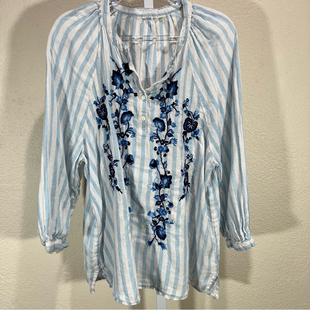Charter Club Luxury Womens L Embroidered 100% Linen Peasant Boho Tunic Blouse